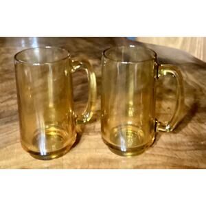 Set of 2 Vintage Hazel Atlas Amber Glasses Beer Mug Stein